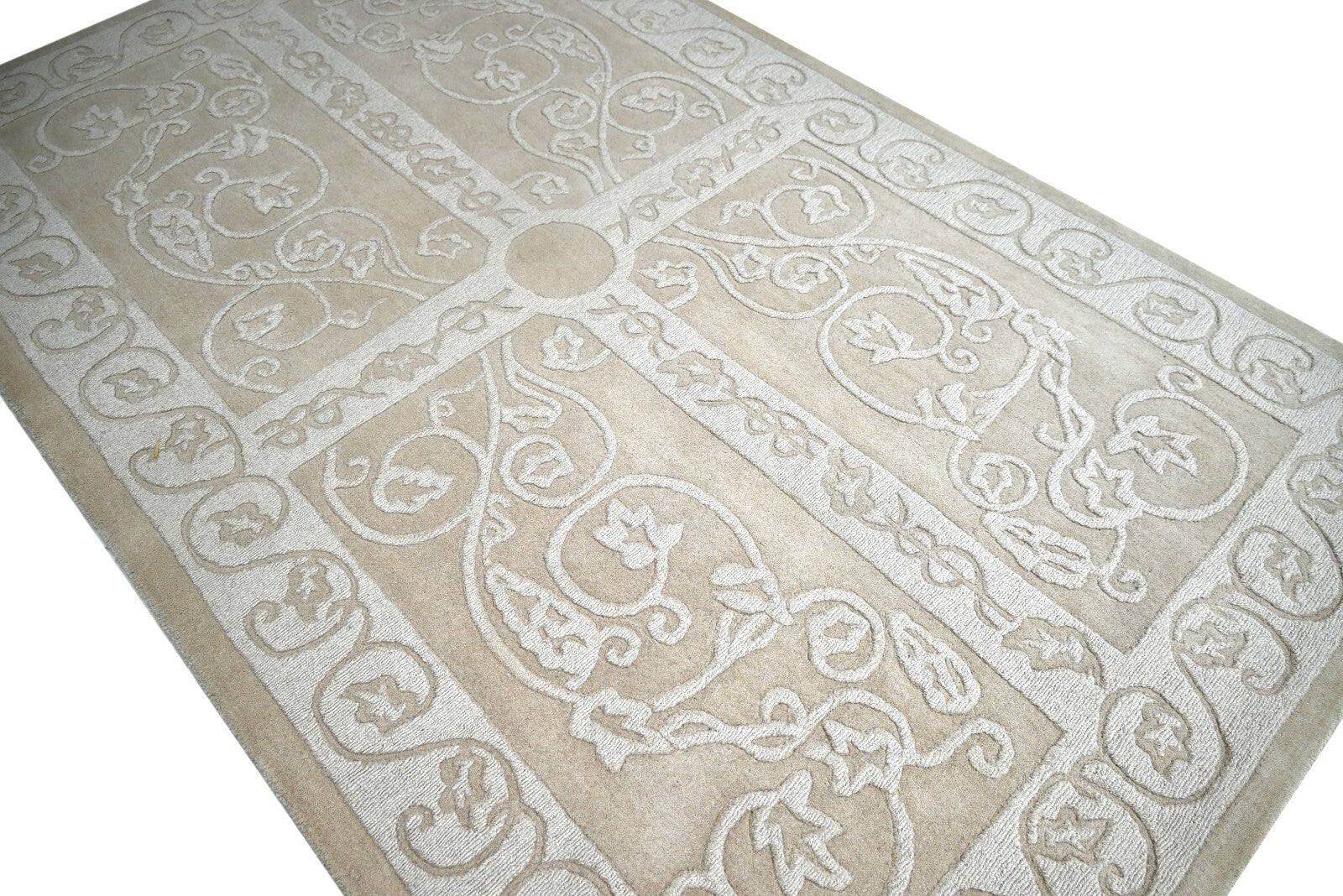 Handgetufteter Wollteppich 150x240 Creme  Design mit Rand Wohnzimmer SH204