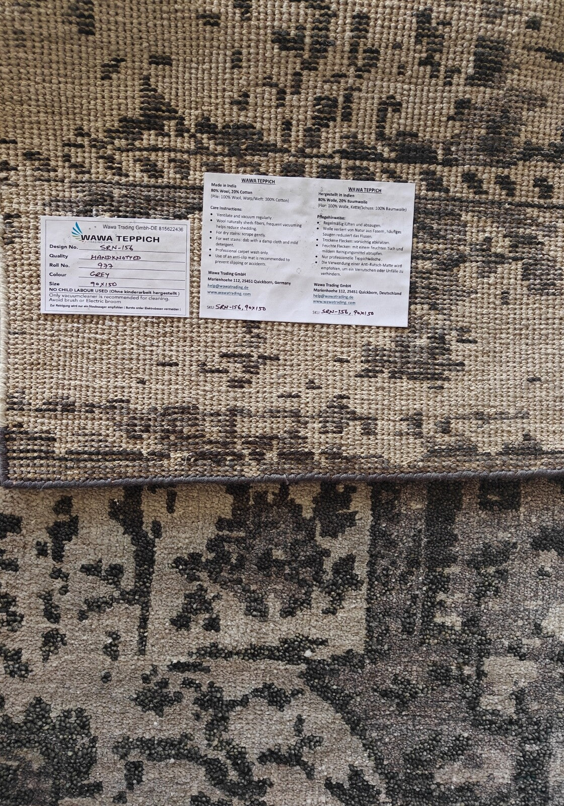 Tappeto moderno in lana annodato a mano 90x150 grigio vintage per soggiorno SH156