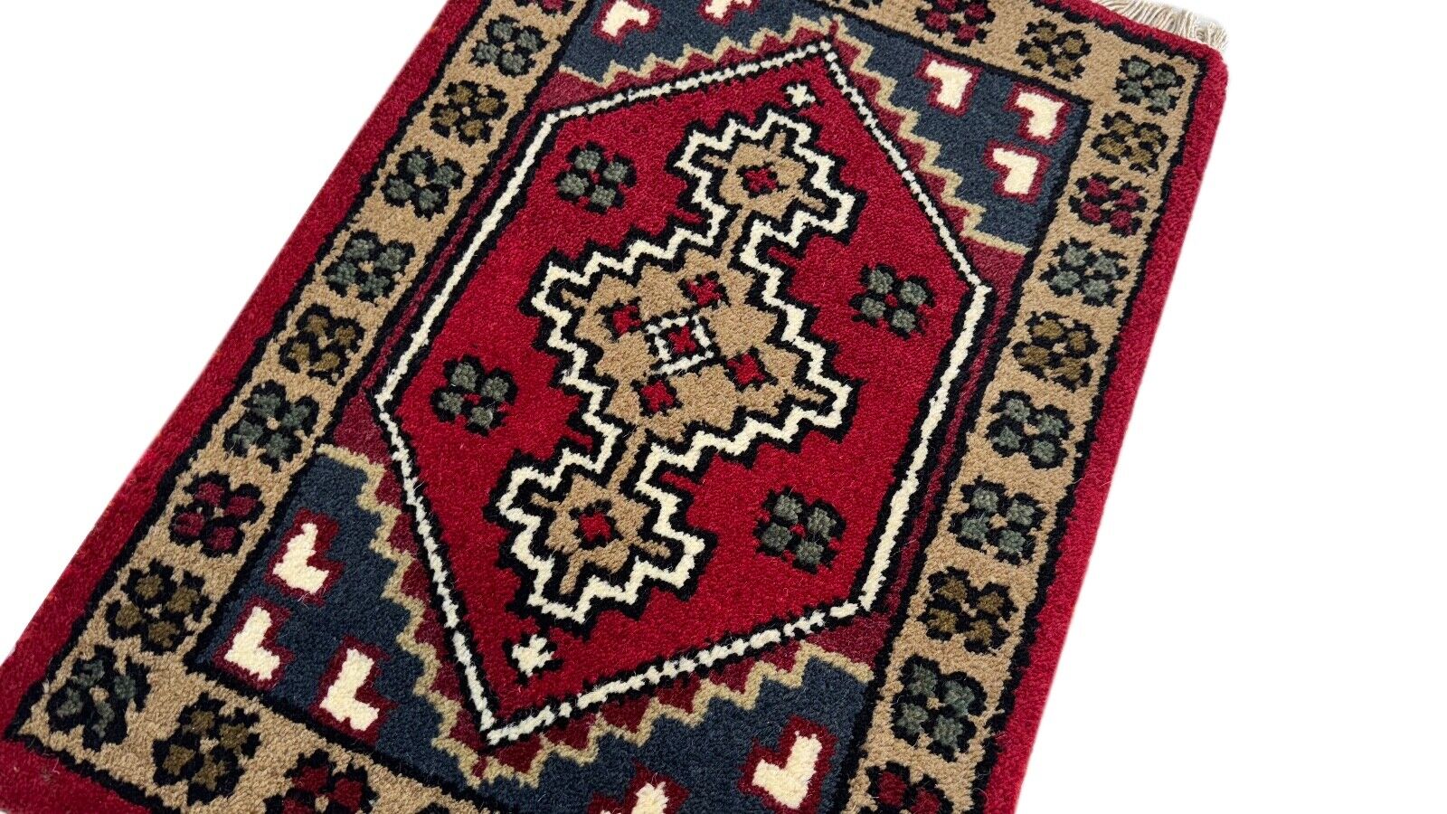 Brücke Teppich 40x60 cm Handgeknüpft Fußmatte Automatte 100% Wolle Rot Blau PH40