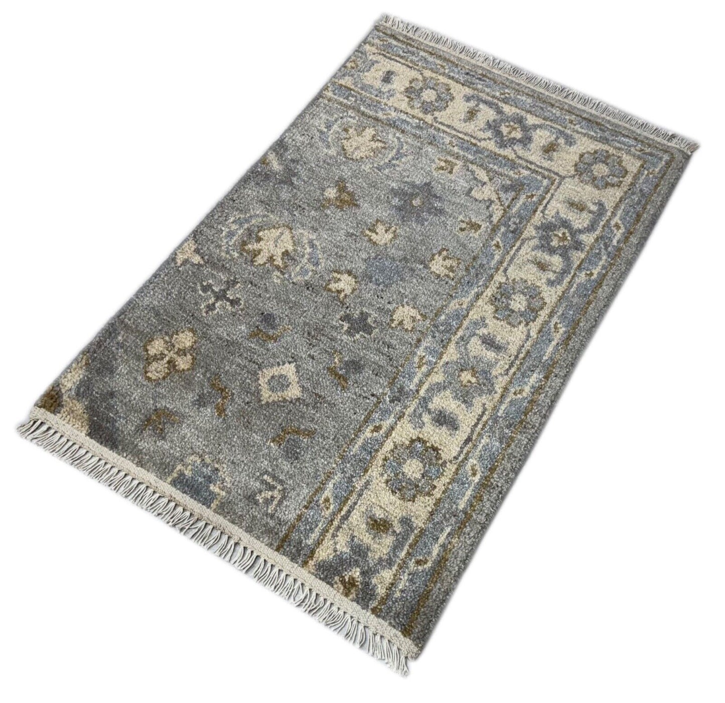Handgeknüpfter Wollteppich 60x90 cm Kurzflor Modern Grau Beige Teppich st140
