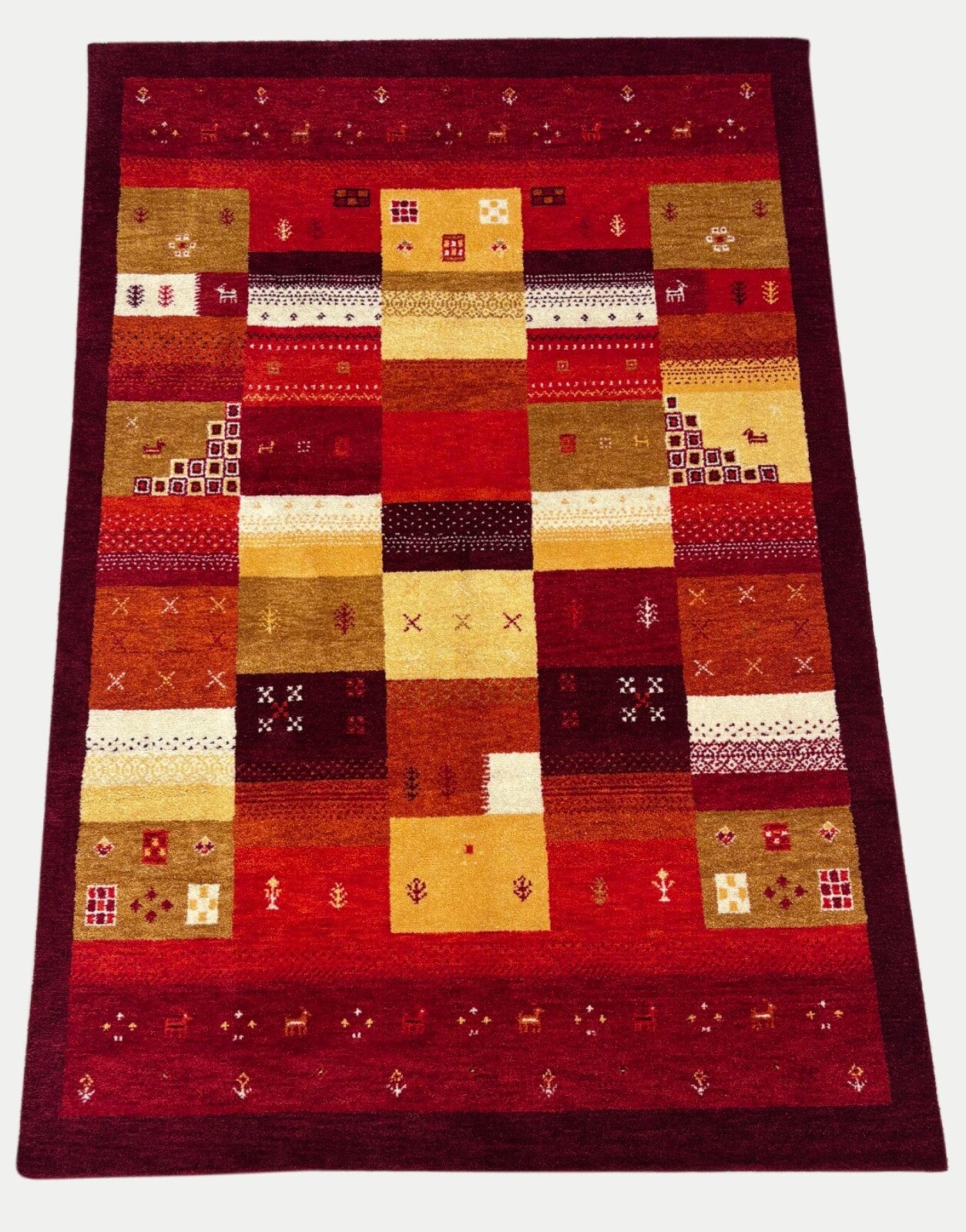 Gabbeh Wollteppich 170x240cm Handgeknüpft 100% Schurwolle Rot Mehrfarbig PT01