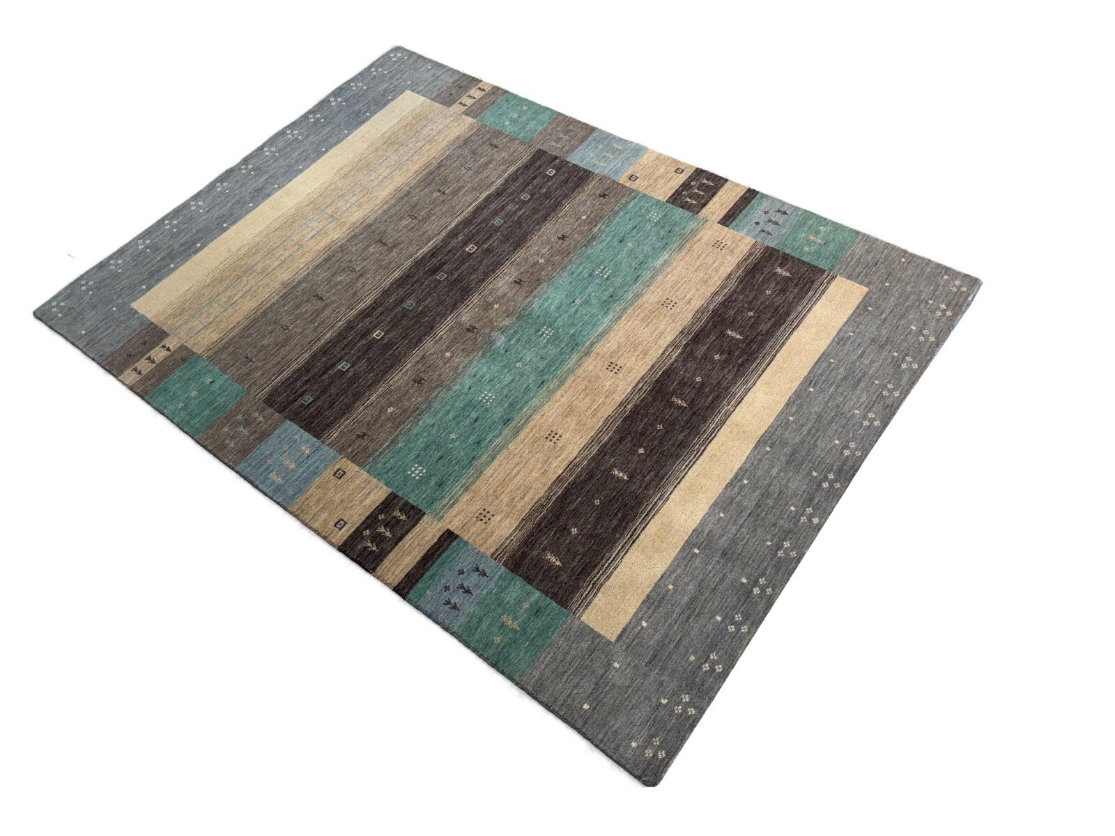 Moderner Gabbeh Teppich Wolle 170x240 cm Handgefertigt Naturtöne Streifen 46-53