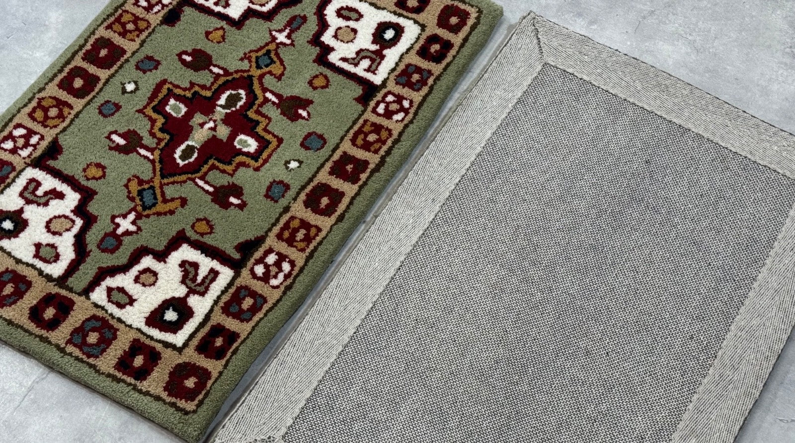 Wollteppich 40x60 Grün Beige Oriental Handgemacht Türvorleger Fussmatte HT373G