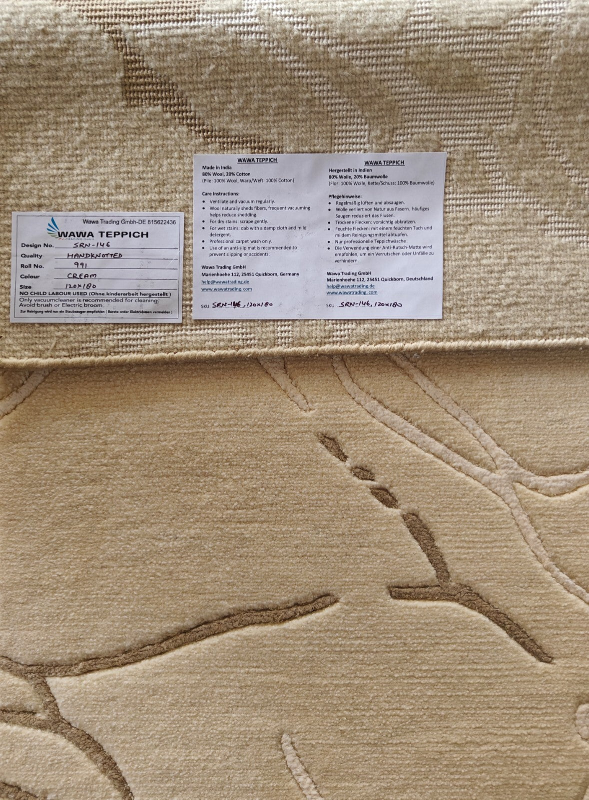 Modernes Handgeknüpfter Wolle 120x180 Vintage Creme Wohnzimmer Teppich SH146