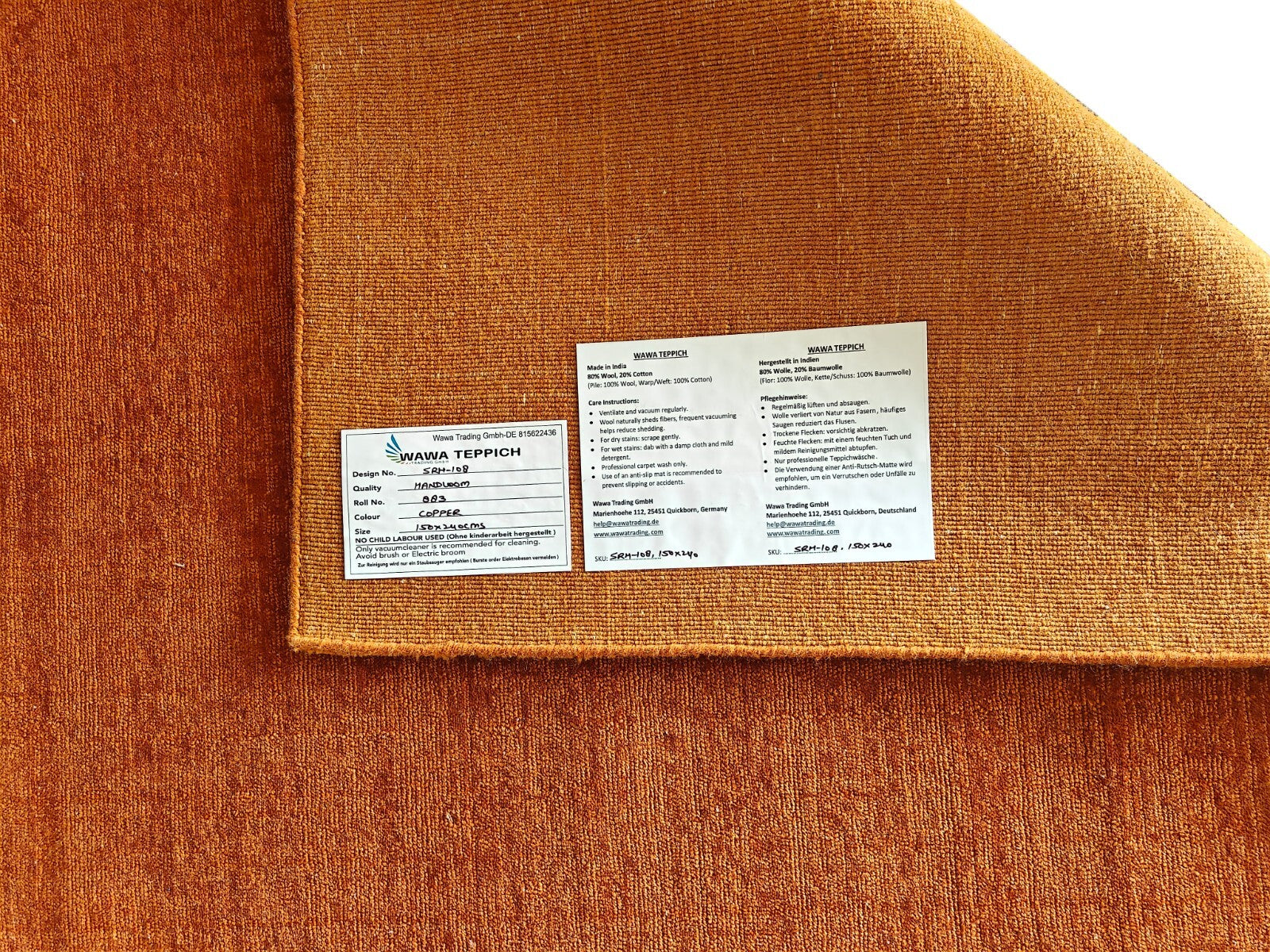 Tapis tissé à la main 150x240 cm, laine cuivrée, finition brillante, salon SH108