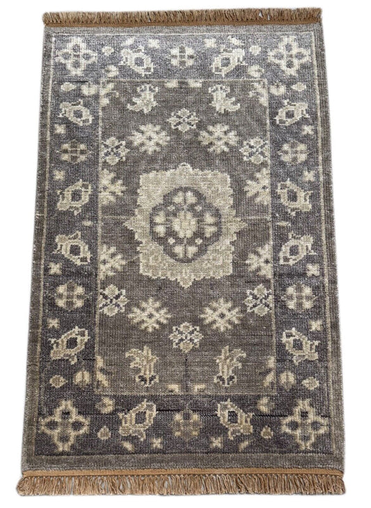 Handgeknüpfter Wollteppich 60x90 cm Kurzflor Modern Grau Beige Teppich st152