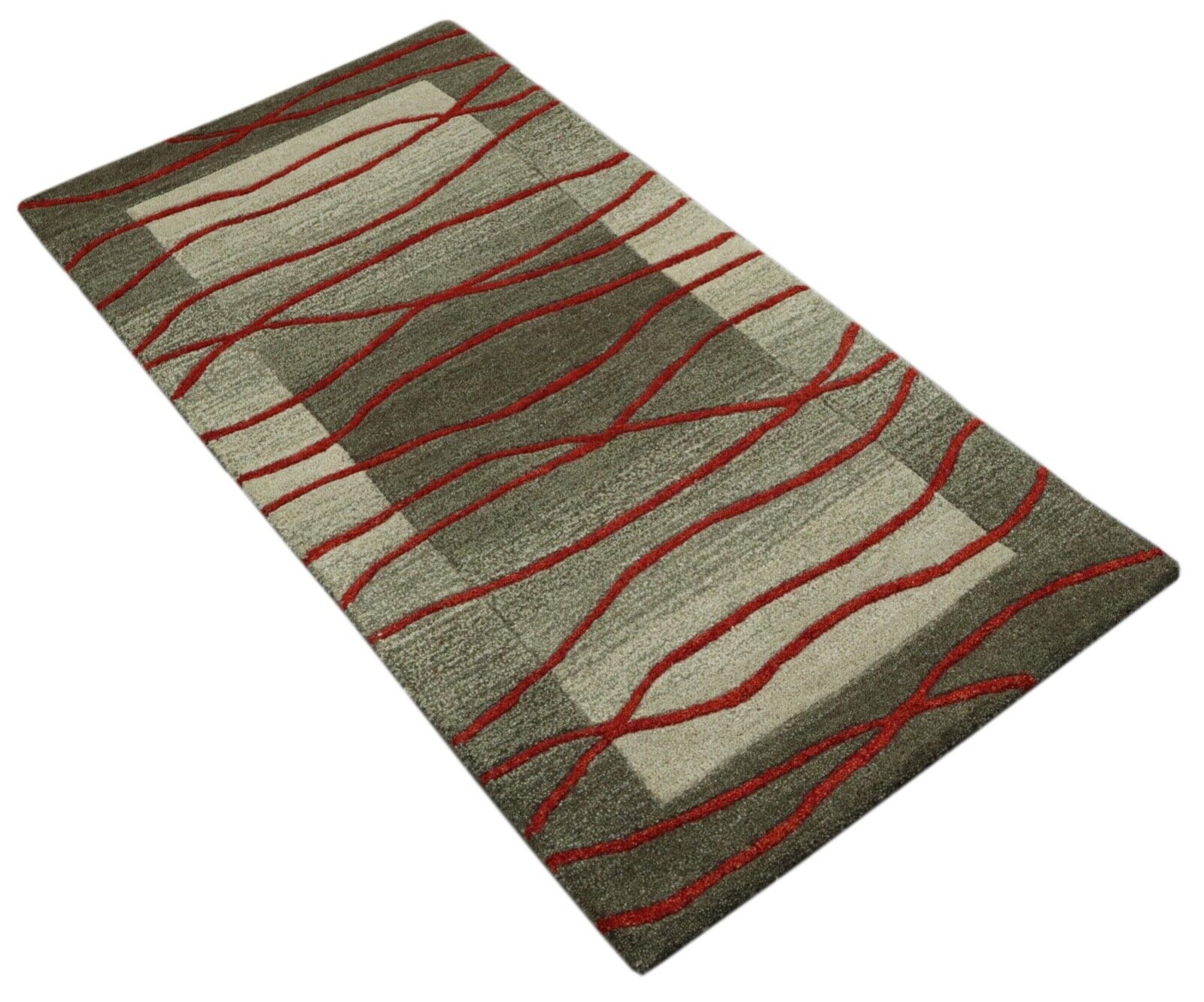 Teppich 100% Wolle 70X140 cm Handarbeit Orange Grau Hell Grün Handgetuftet T1019