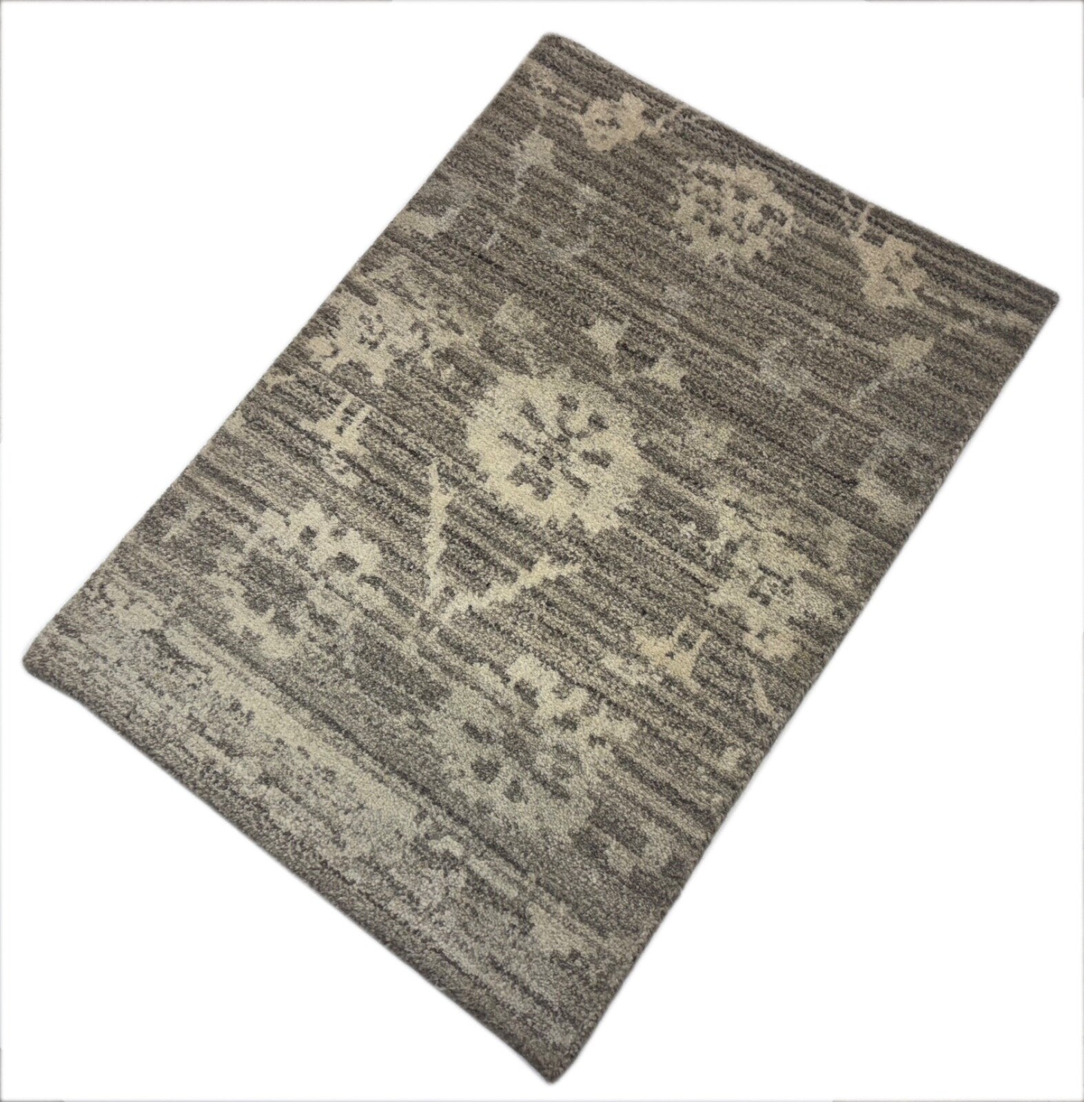 Tappeto in lana annodato a mano 60x90cm a pelo corto moderno grigio chiaro naturale D739