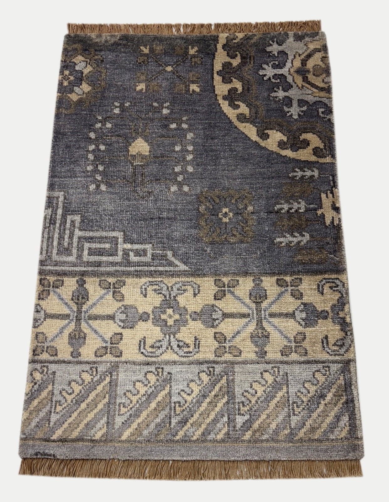 Handgeknüpfter Wollteppich 60x90 cm Kurzflor Modern Blau Beige Teppich D750