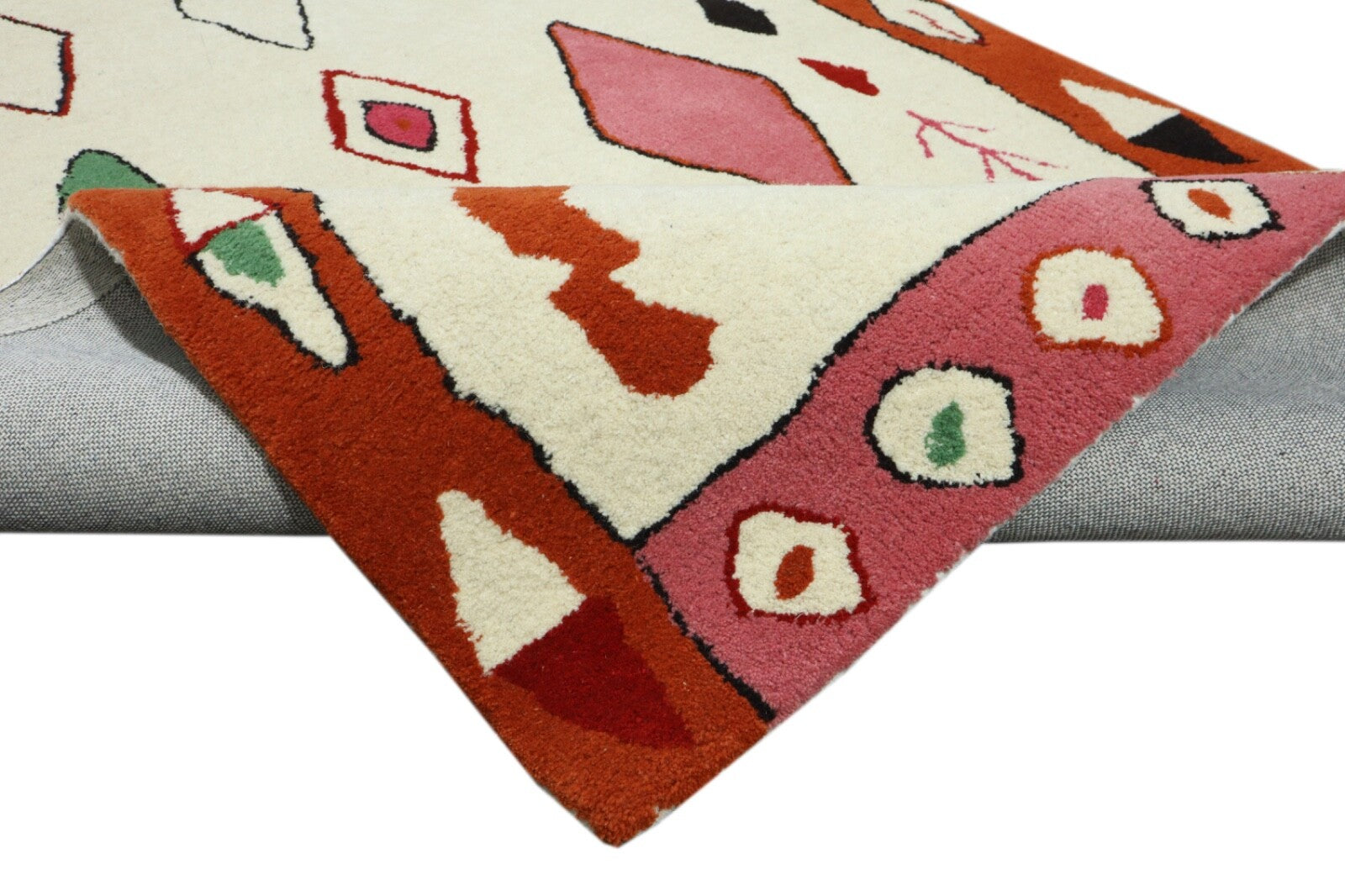 Wollen vloerkleed 120x180 cm, beige, rood, veelkleurig Marokkaans patroon, woonkamer, handgetuft, HT298