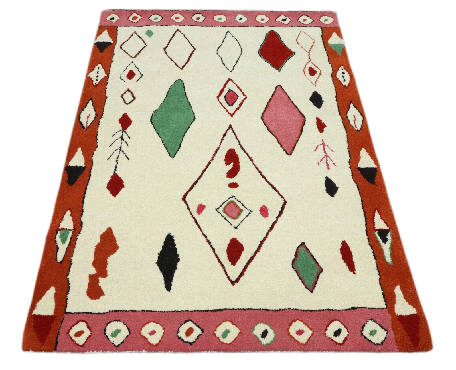 Wollteppich 120x180 Beige Rot Bunt Marokko Muster Wohnzimmer Handgetuftet HT298