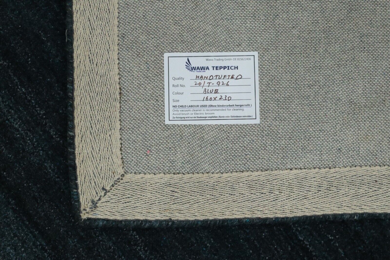 Tmavě modrý koberec, 100% vlna, 160x230 cm, ručně vyrobený, ručně prošívaný, T926