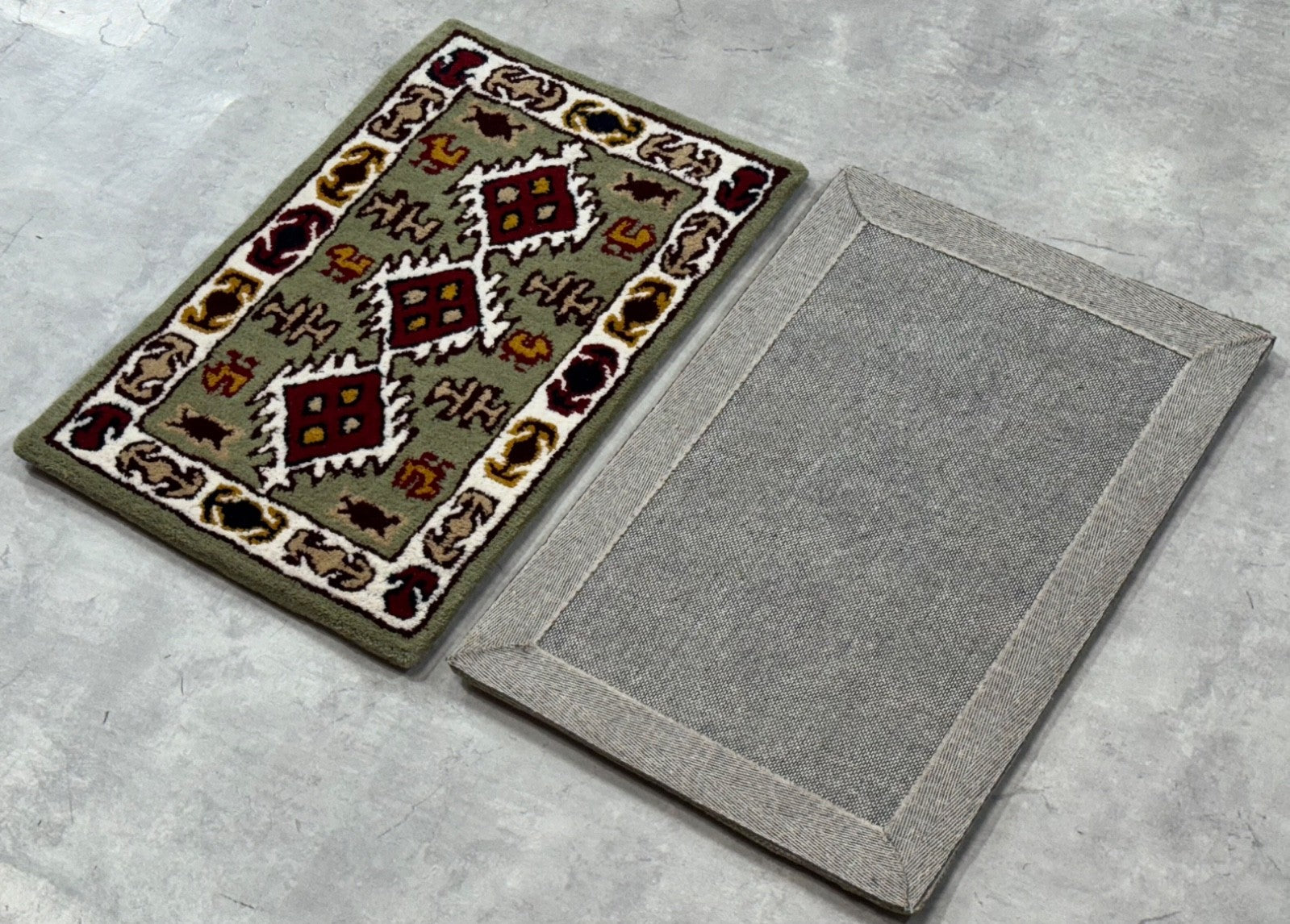 Wollteppich 40x60 Grün Beige Oriental Handgemacht Türvorleger Fussmatte HT377G