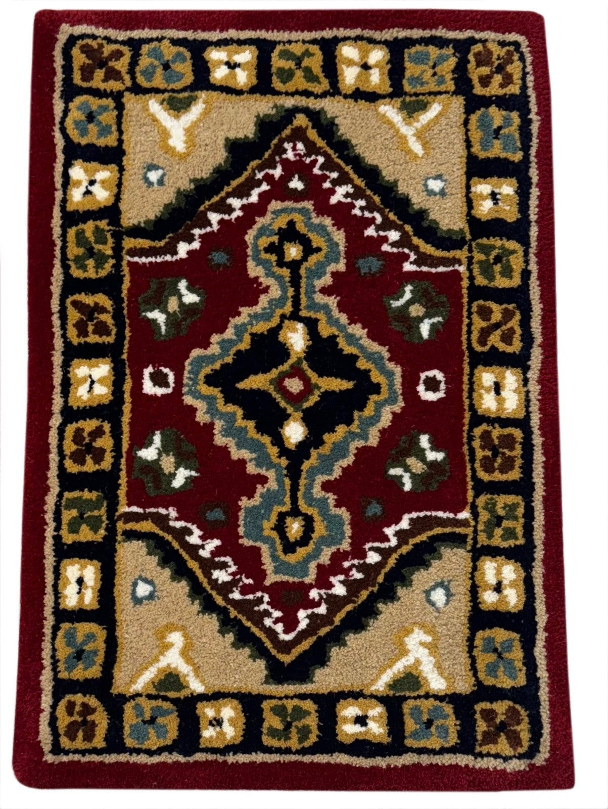 Wollteppich 40x60 Rot Beige Oriental Handgemacht Türvorleger Fussmatte HT370R