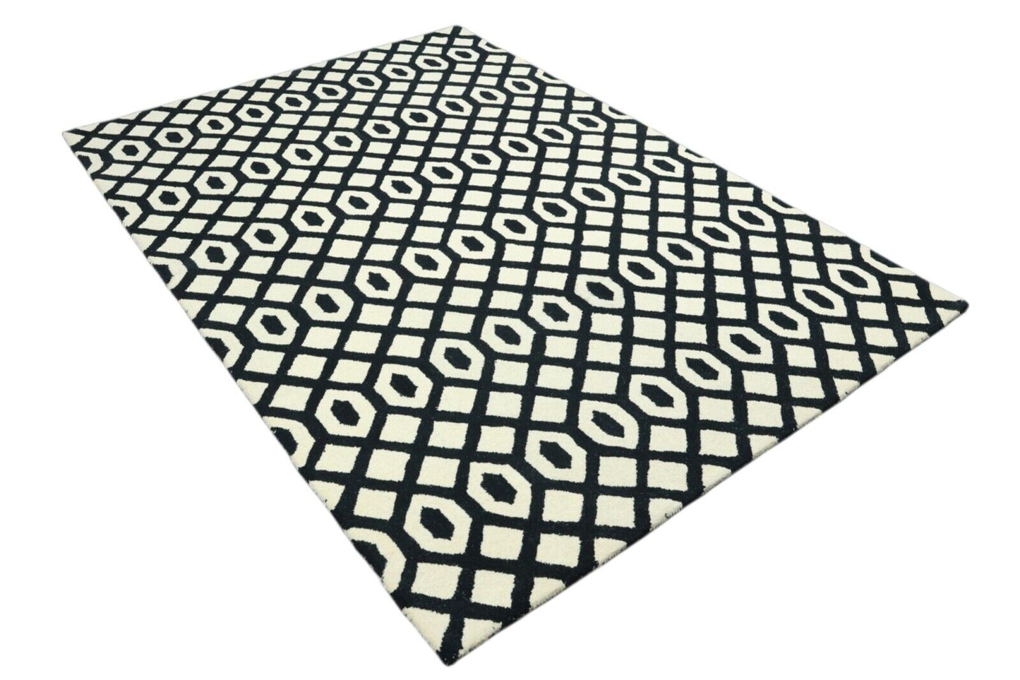 Beige Schwarz Teppich 100% Wolle 160X230 cm Handarbeit Handgetuftet T930