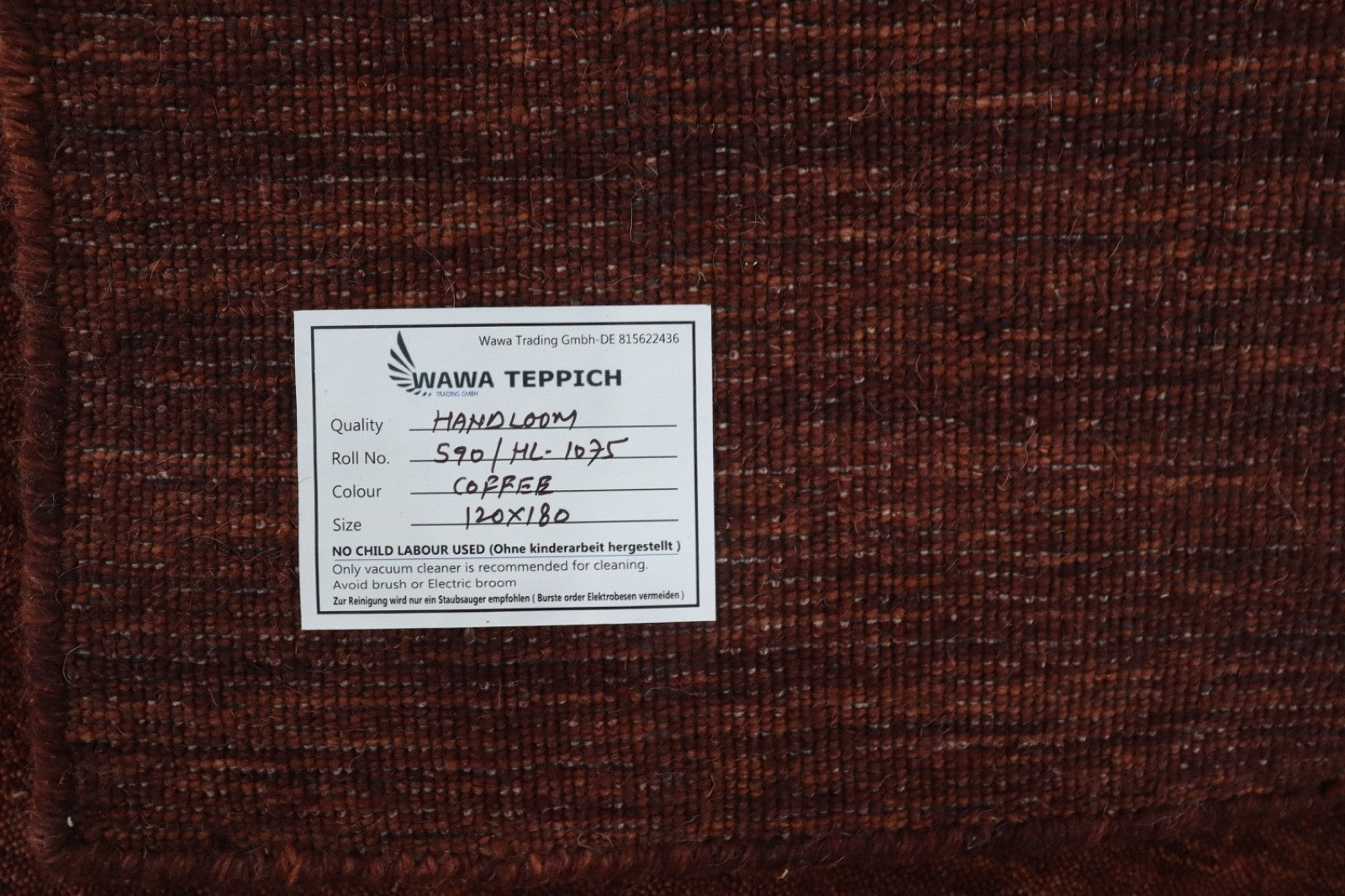 Handgewebter Gabbeh Teppich 100% Wolle Kaffeefarbe Uni 120x180 cm HL1075