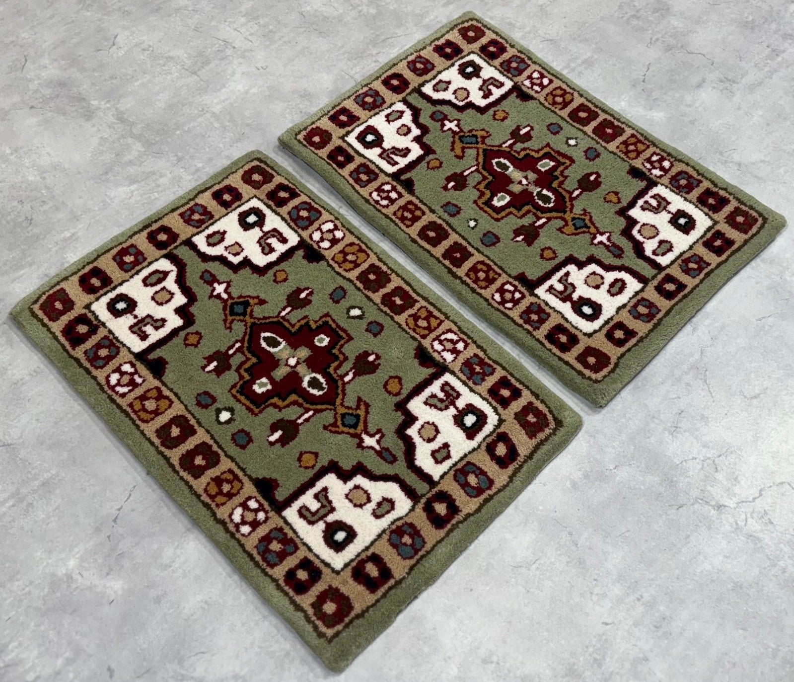 Wollteppich 40x60 Grün Beige Oriental Handgemacht Türvorleger Fussmatte HT373G