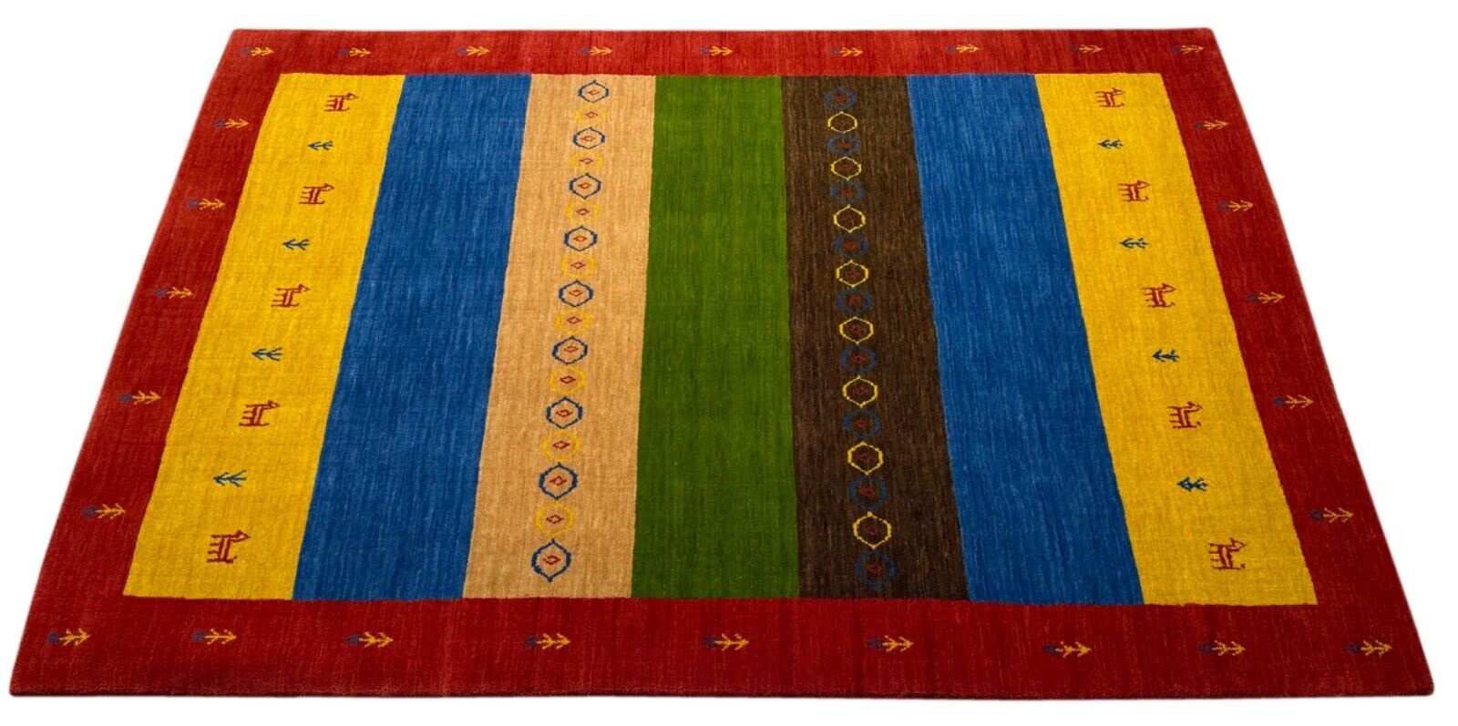 Bunt Gabbeh Teppich 100% Wolle 120x180 cm Rot Gold Blau Orient Handgewebt BR12
