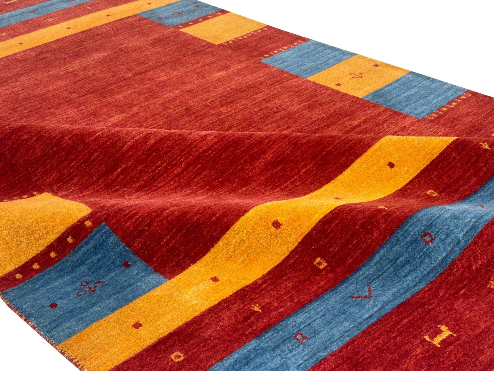 Wollteppich 200x300 Rot Blau Gelb Handgewebt Modern Unikat Orient Teppich