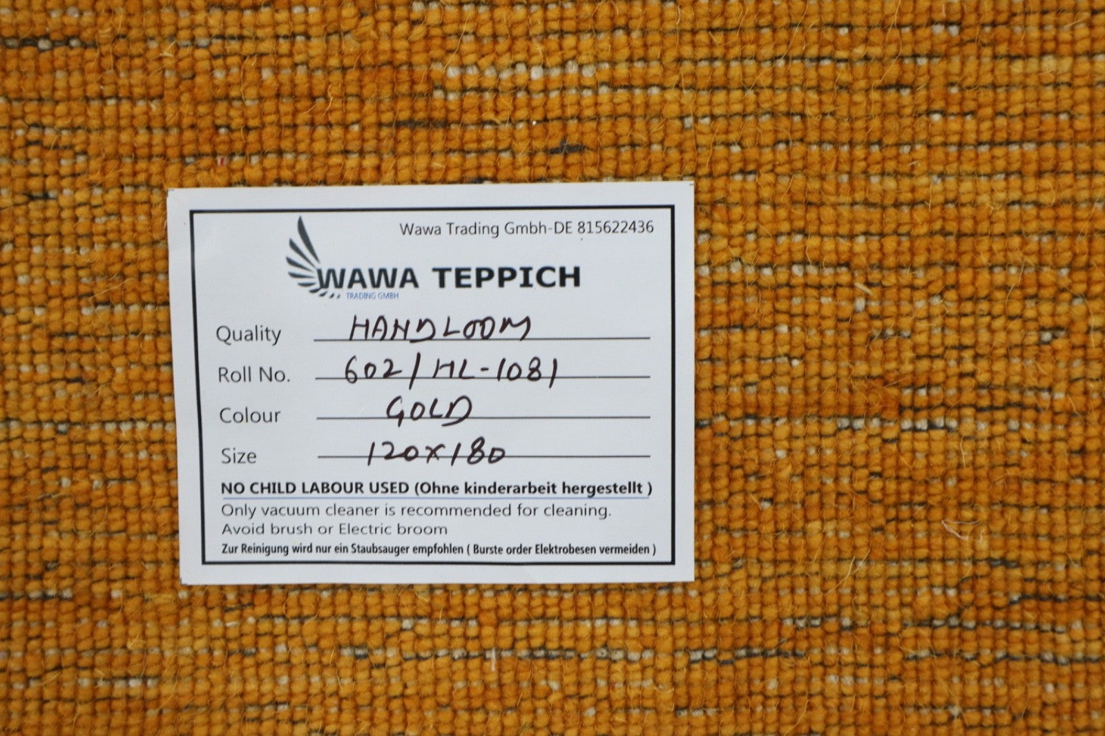 Handgewebter Gabbeh Teppich 100% Wolle Gold Unifarben 120x180 cm HL1081