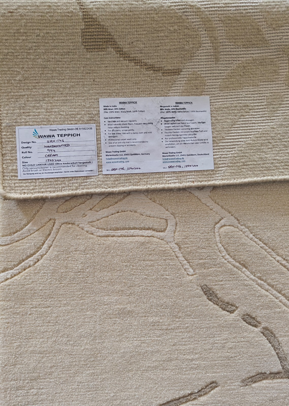 Modernes Handgeknüpfter Wolle 150x240 Vintage Creme Wohnzimmer Teppich SH146