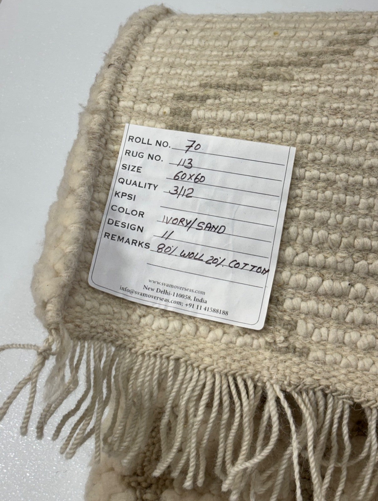 Handgefertigter Teppich 60x60 cm 100 % Wolle Weicher  Ivory & Sand R113