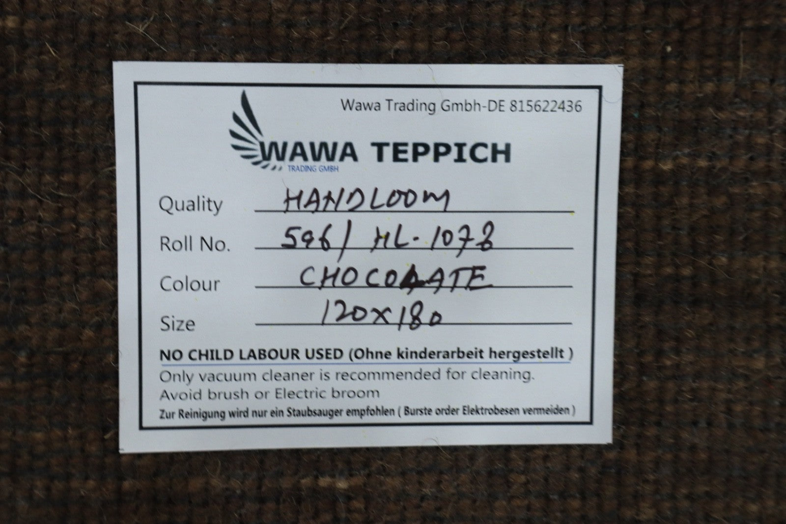 Handgewebter Gabbeh Teppich 100% Wolle Chocolate Unifarben 120x180 cm HL1078