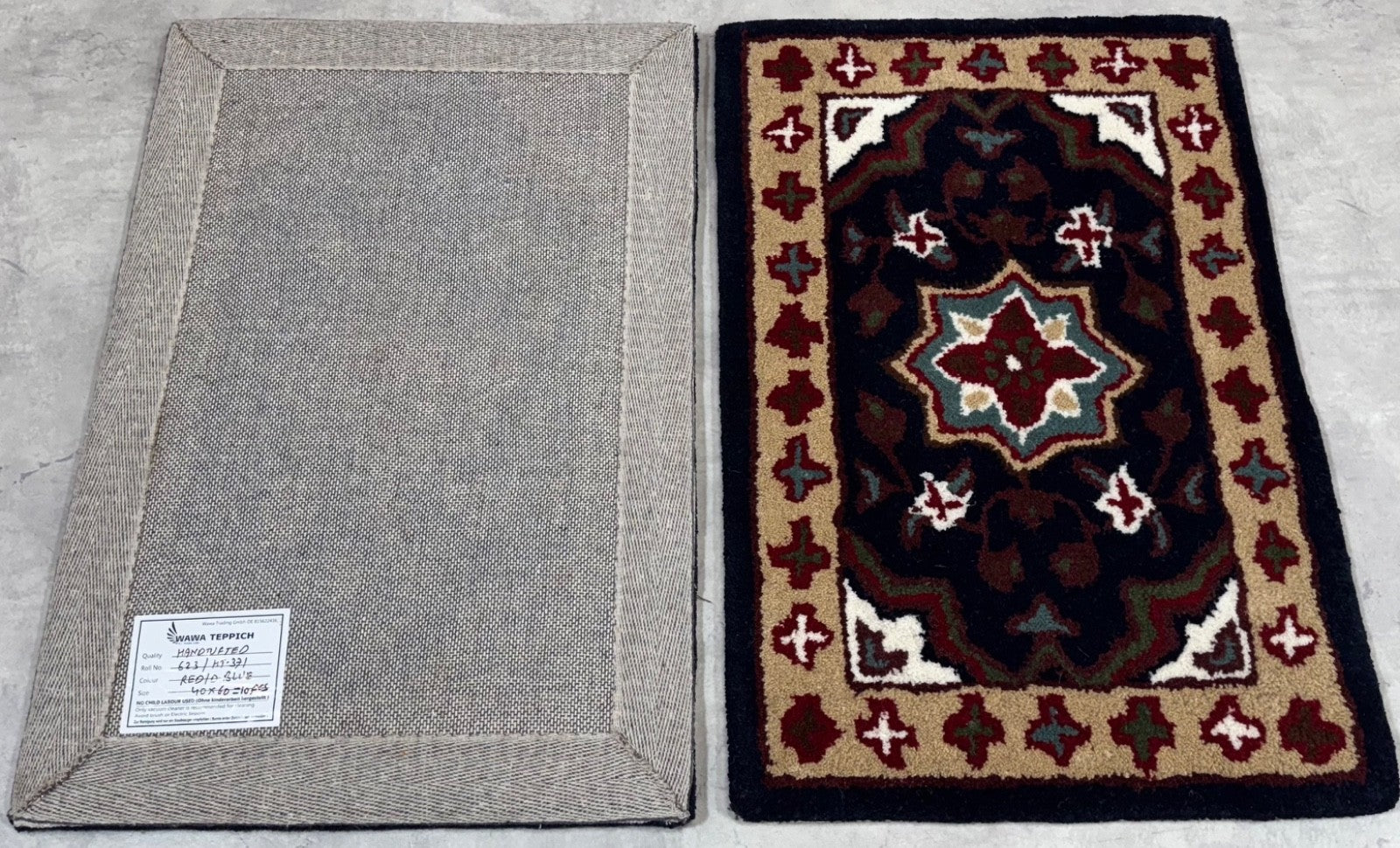 Wollteppich 40x60 Blau Beige Oriental Handgemacht Türvorleger Fussmatte HT371B