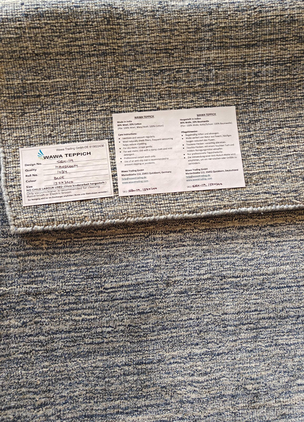 Handgeweven vloerkleed 150x240 cm, blauw, glanzende look, wol, plat, woonkamer SH219