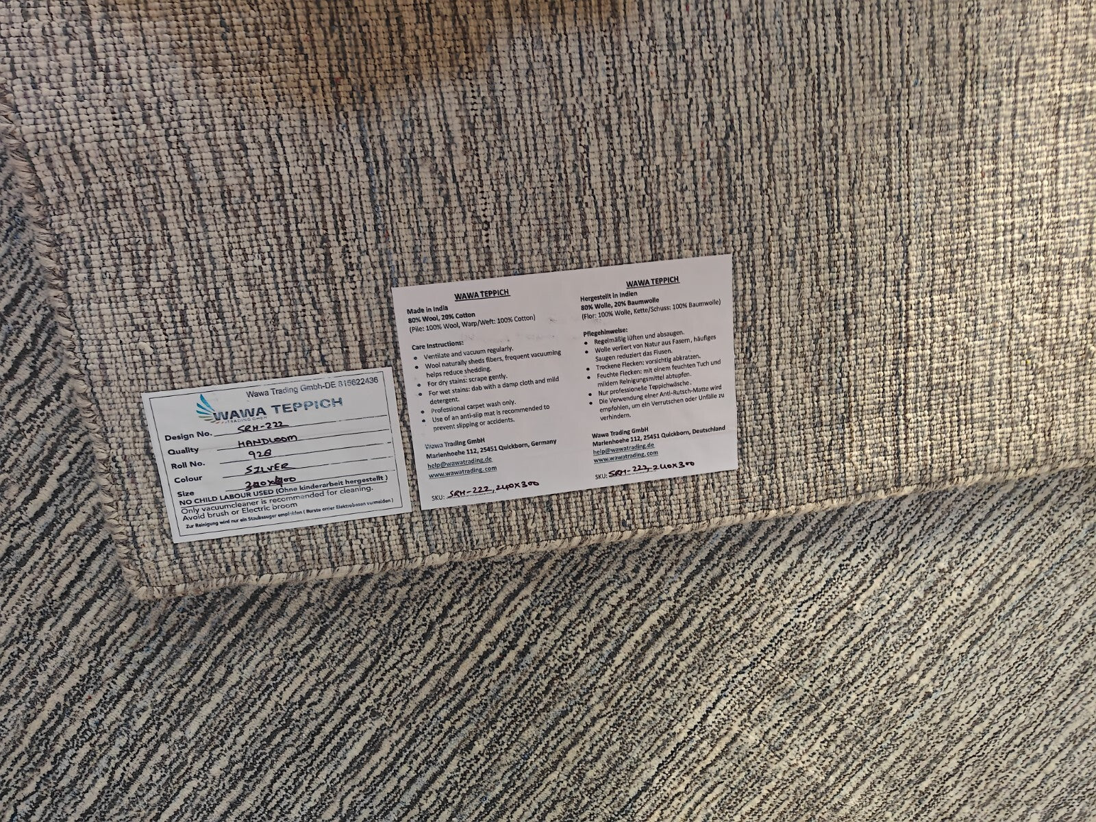 Handgewebter Teppich 240x300 Silber Glanzoptik Leinen Flach Wohnzimmer SH222