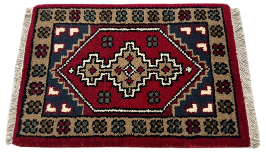 Brücke Teppich 40x60 cm Handgeknüpft Fußmatte Automatte 100% Wolle Rot Blau PH40