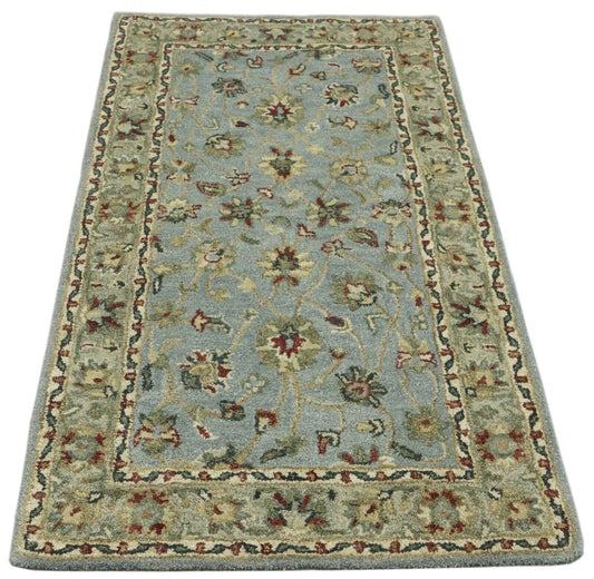 Grau Hell Blau Orient Teppich 100% Wolle 90X160 cm Handarbeit Handgetuftet T981