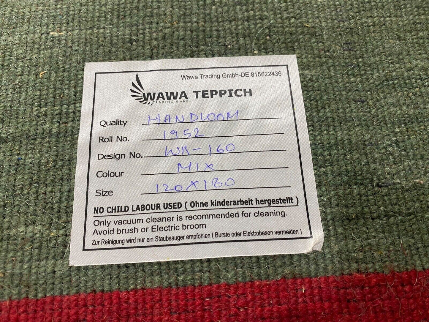 Rot Grün Teppich 100% Wolle Gabbeh 120x180 cm Handgewebt Home Deko WR160