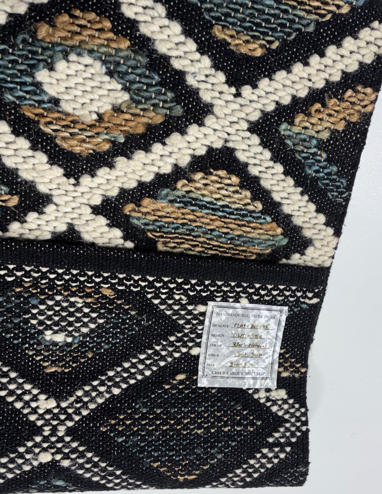 Handgewebter Teppich 60x90cm Schwarz Naturfarben Kilim Dhurrie Wolle Jute D556