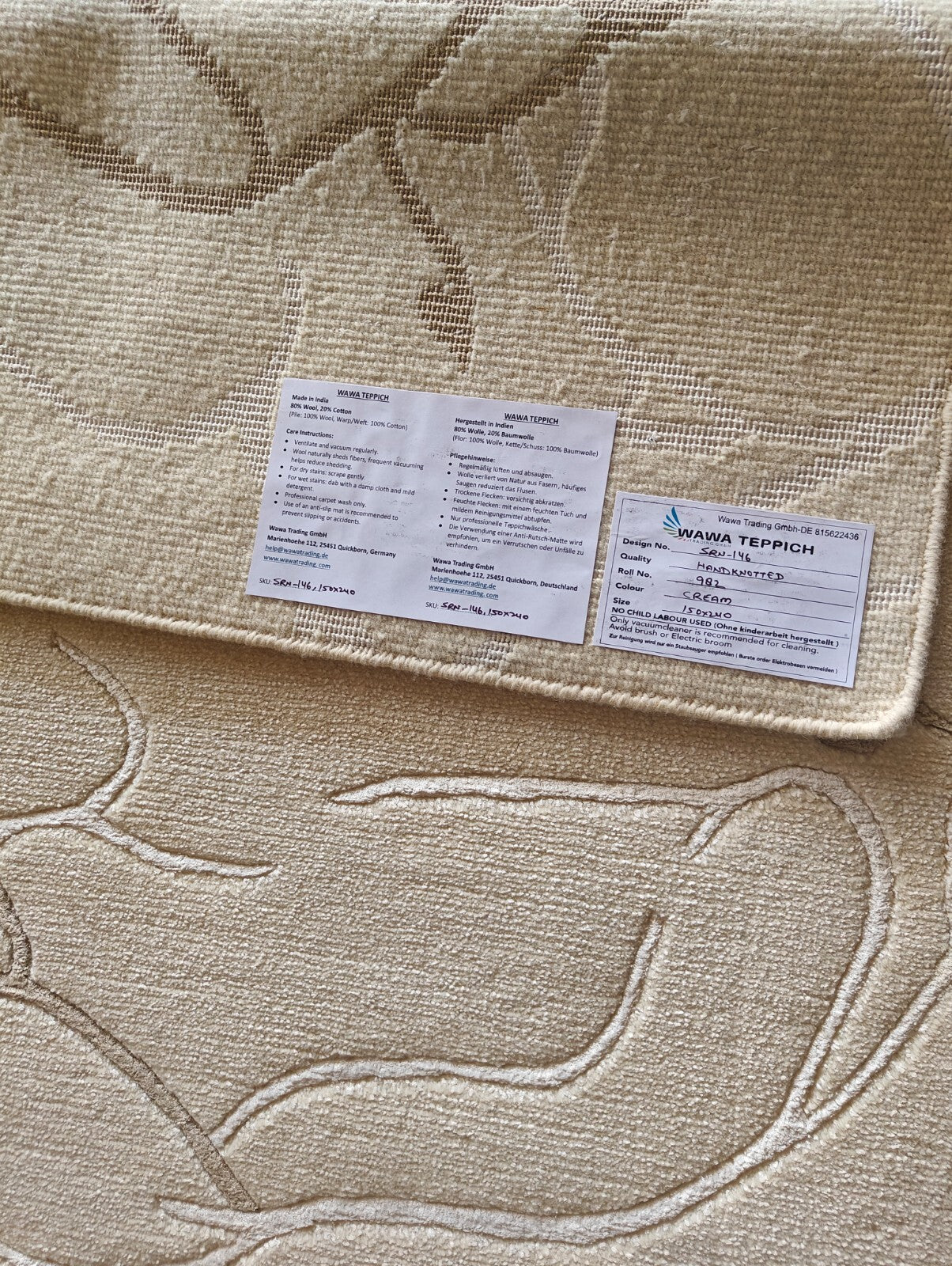 Modernes Handgeknüpfter Wolle 150x240 Vintage Creme Wohnzimmer Teppich SH146