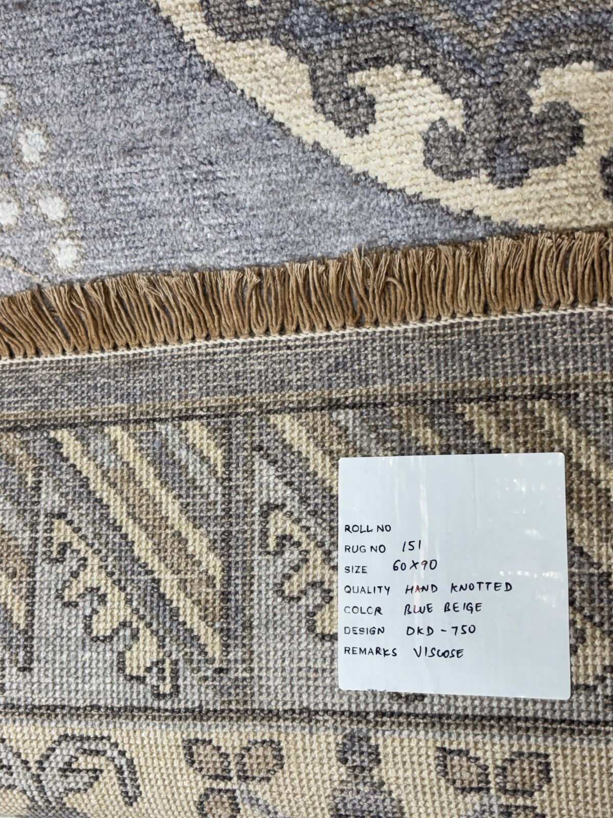 Handgeknüpfter Wollteppich 60x90 cm Kurzflor Modern Blau Beige Teppich D750