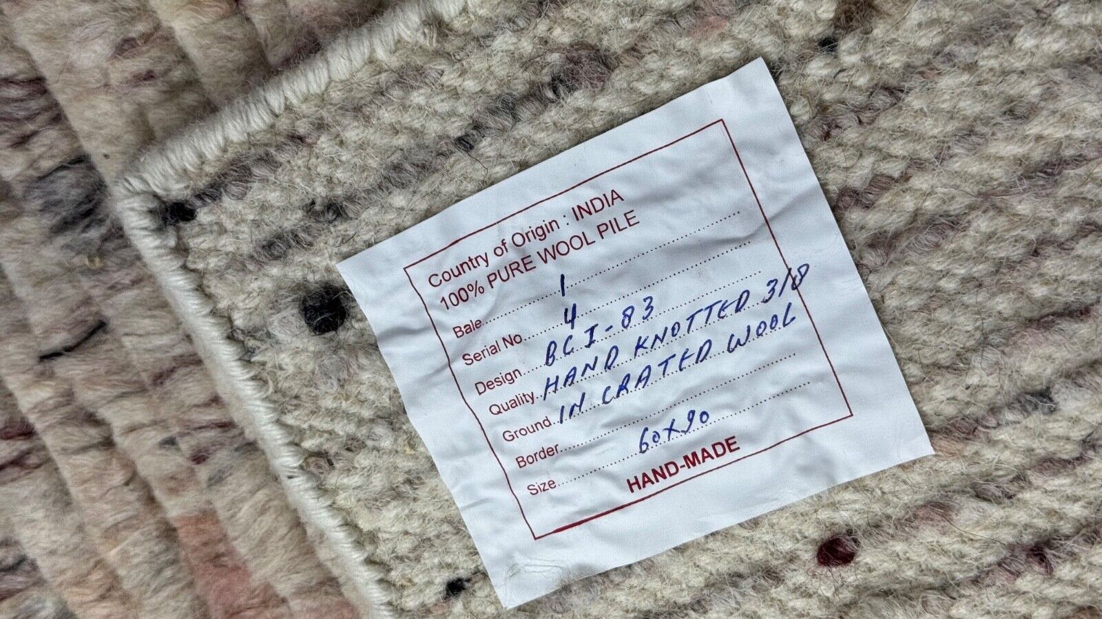 手織りウール100%ラグ 60x90 モダンデザインラグ グレーベージュ BCI83