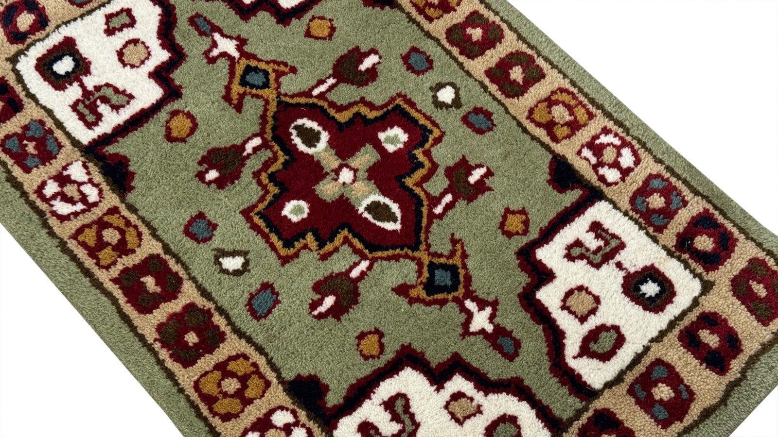 Wollteppich 40x60 Grün Beige Oriental Handgemacht Türvorleger Fussmatte HT373G