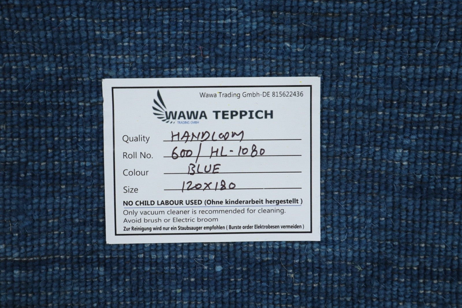 Ръчно тъкан килим Gabbeh, 100% вълна, едноцветно синьо, 120x180 см, HL1080