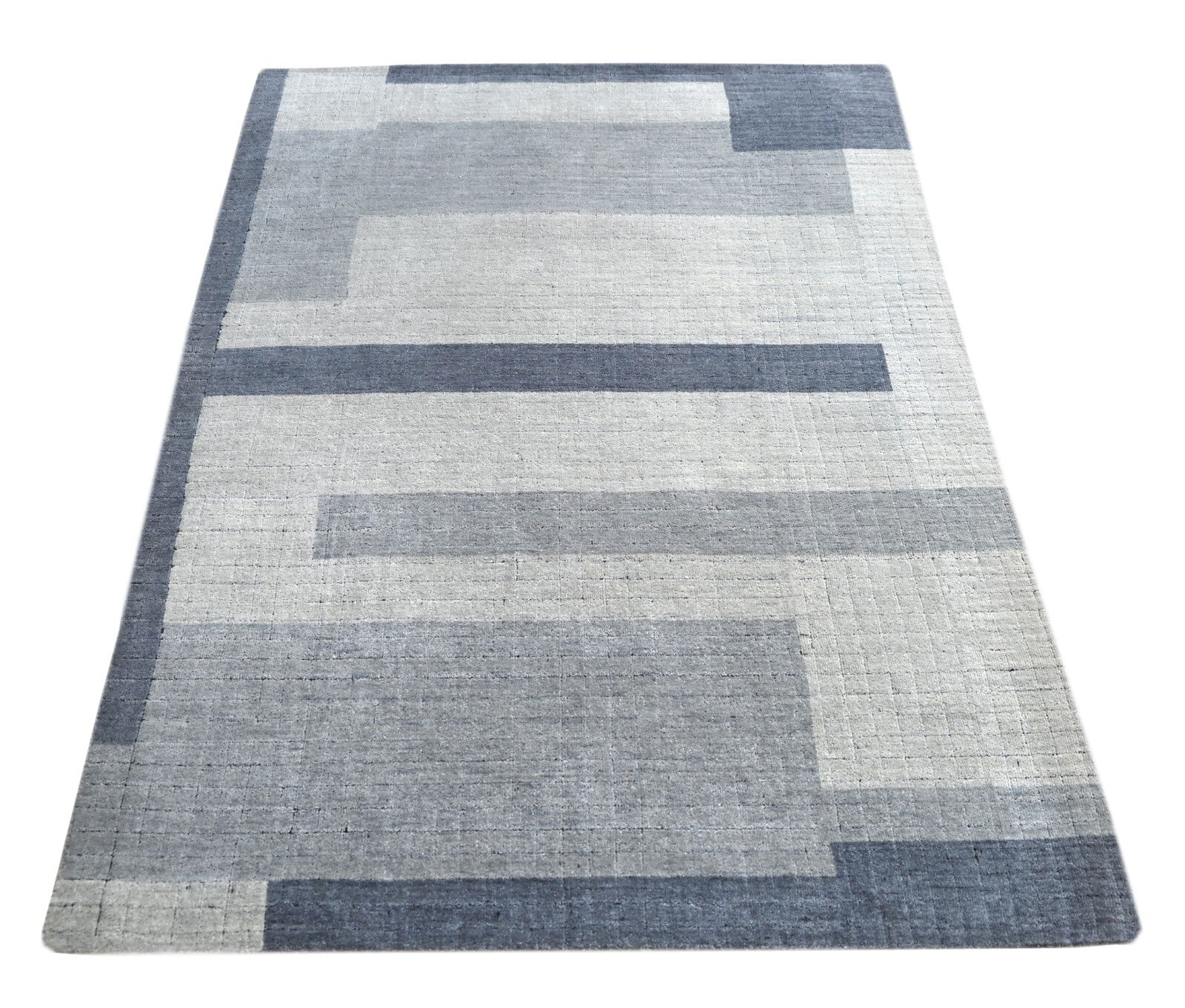 Handgewebter Teppich 160x230 blau-multi Glanzoptik Wolle Flach Wohnzimmer SH107