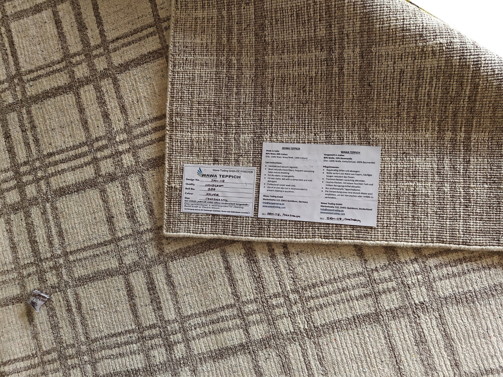 Handgewebter Teppich 170x240 Silber Glanzoptik Woll-Viskosem Wohnzimmer SH118