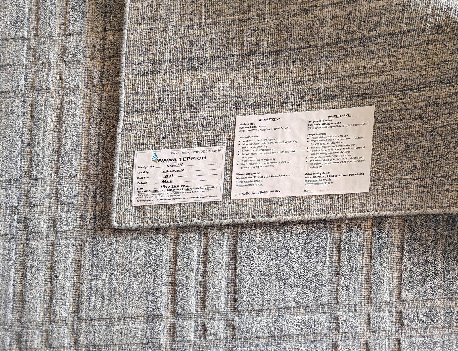 Handgewebter Teppich 170x240 BLAU Glanzoptik Wolle Flach Wohnzimmer SH116