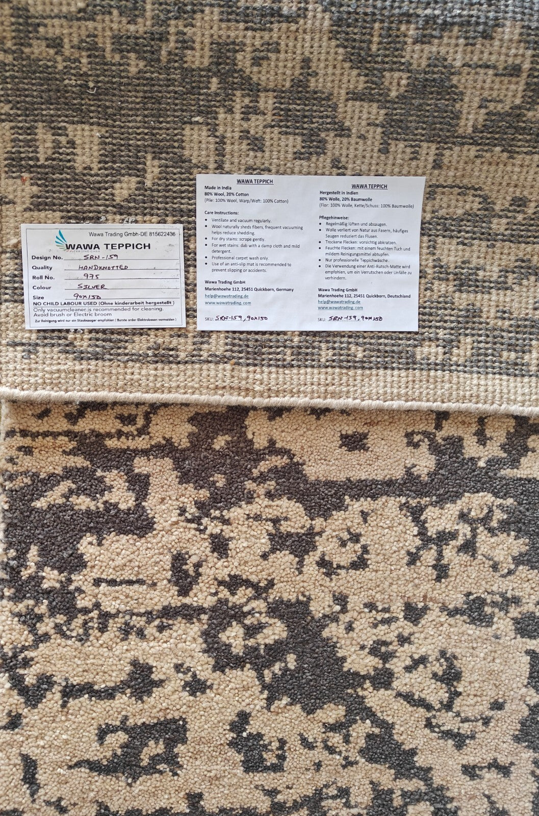 Modernes Handgeknüpfter Wolle 90x150 Vintage Silber Wohnzimmer Teppich SH159