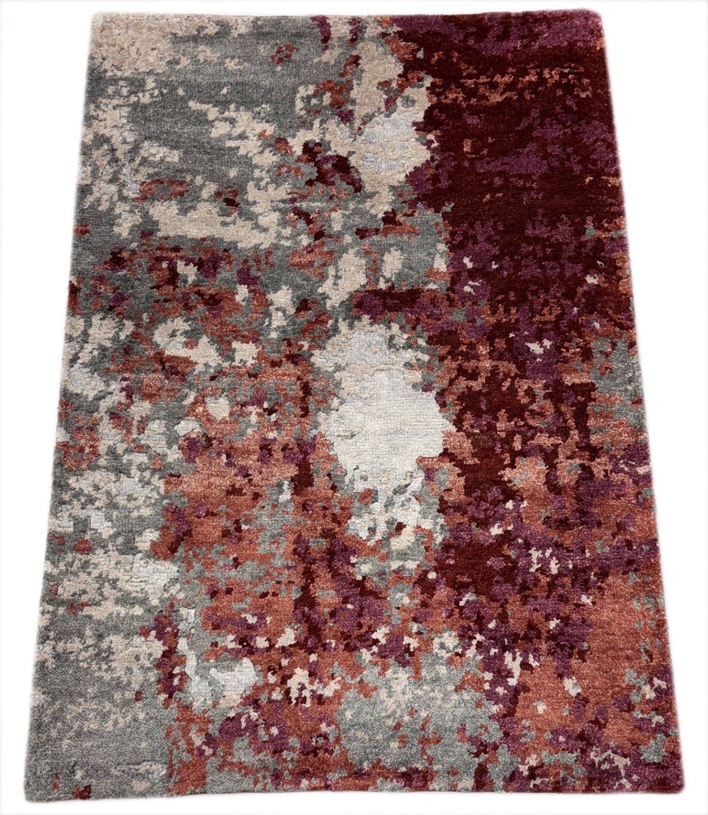 Handgeknüpfter Design Teppich 60x90 cm Grau Rot Multicolor Bambus-Seide R117