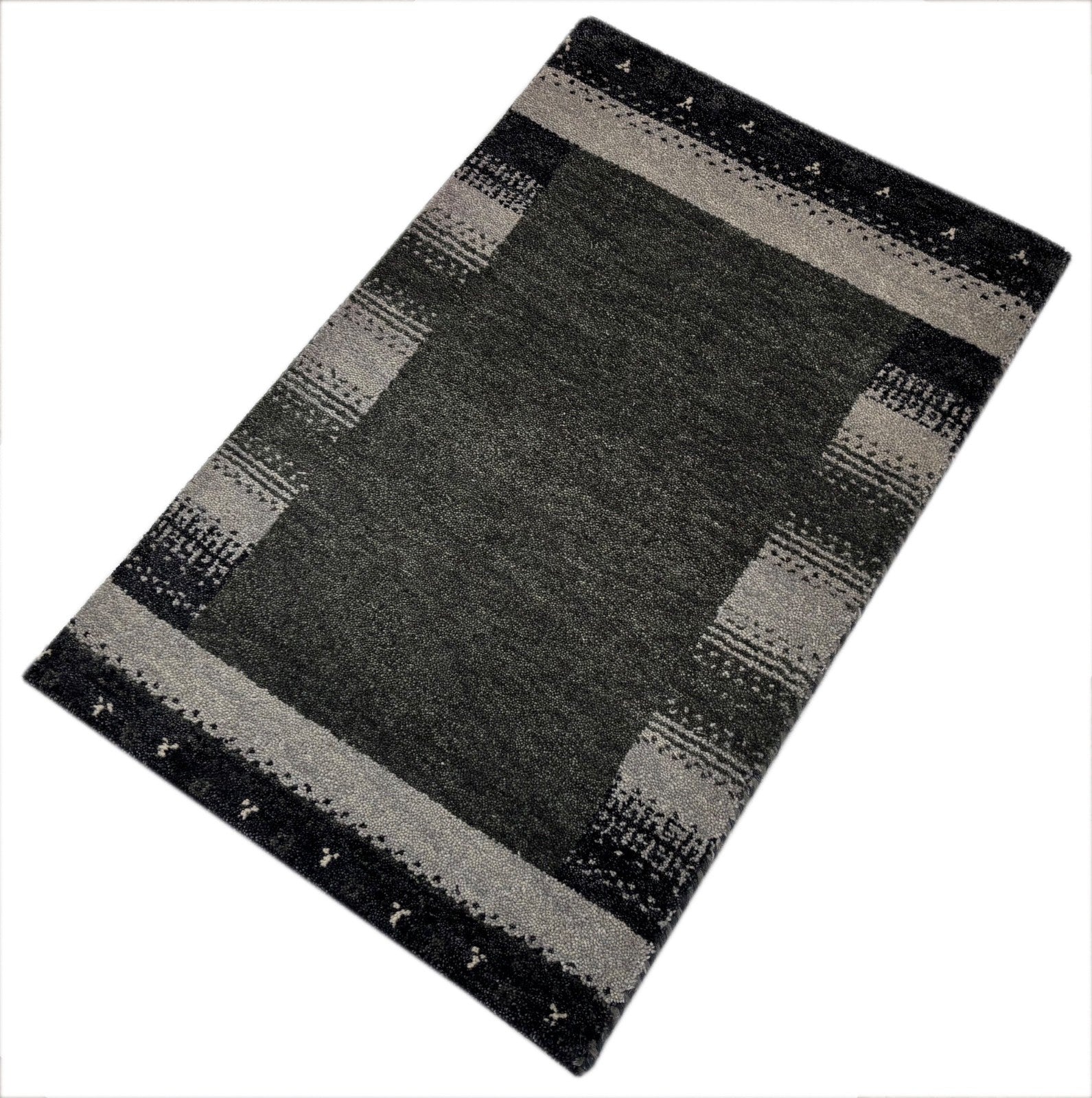 Gabbeh Teppich 60x90 cm Handgeknüpft 100% Wolle Dunkelgrün Grau Modern R72