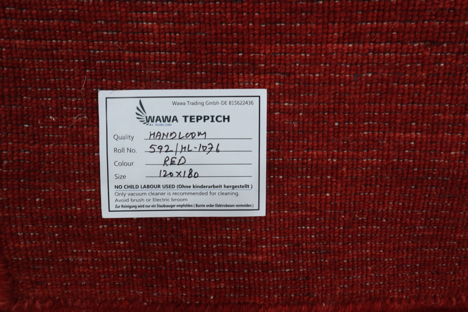 Handgewebter Gabbeh Teppich 100% Wolle Rot Unifarben 120x180 cm HL1076