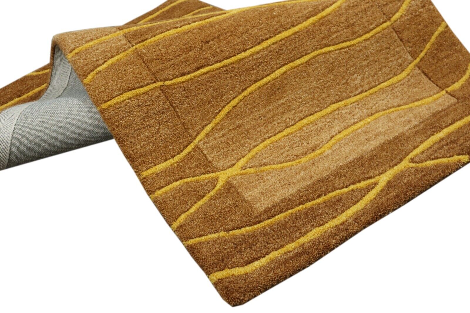 Teppich 100% Wolle 70X140 cm Handarbeit Kaffeefarbe Gold Handgetuftet T1021