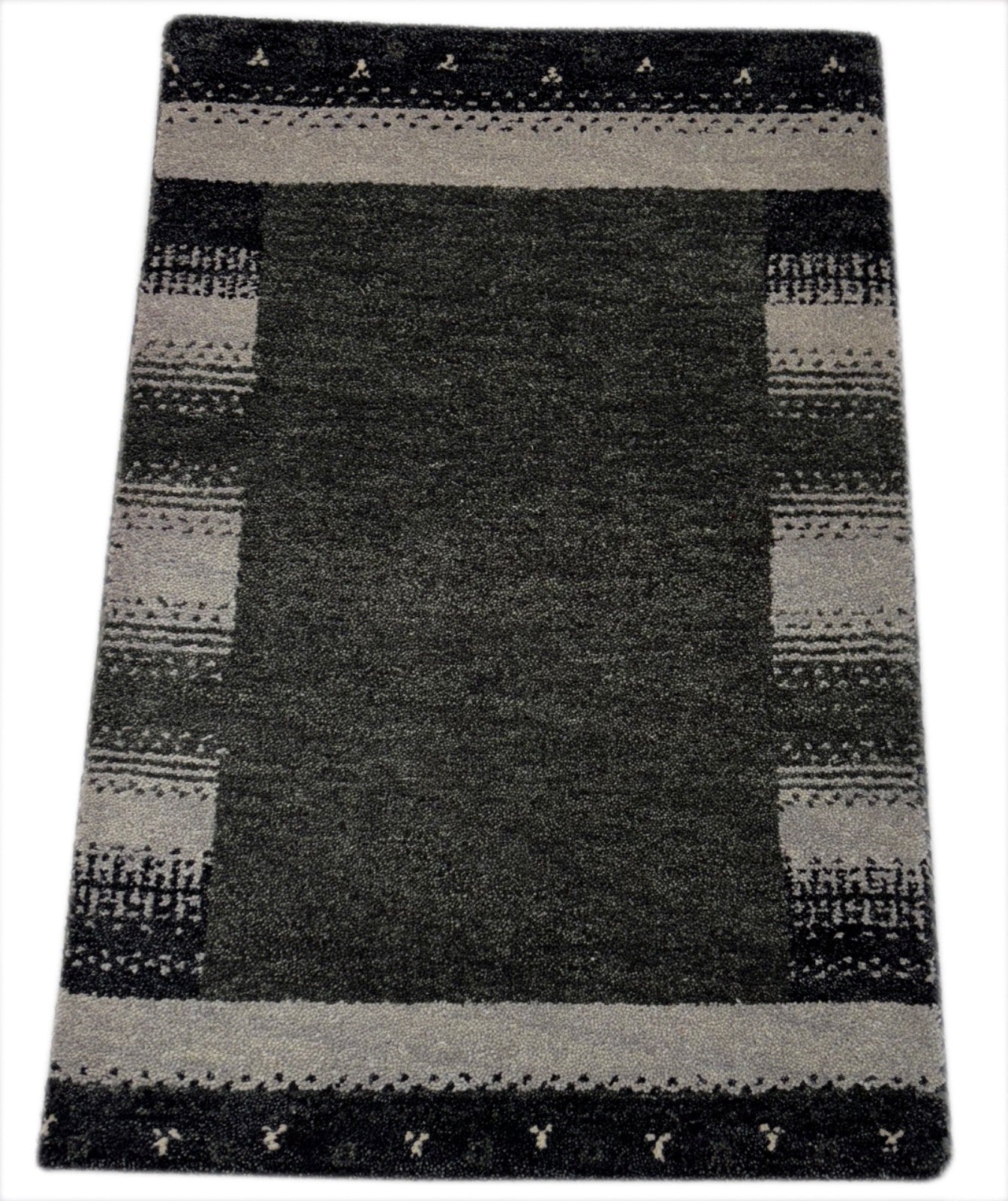 Gabbeh Teppich 60x90 cm Handgeknüpft 100% Wolle Dunkelgrün Grau Modern R72