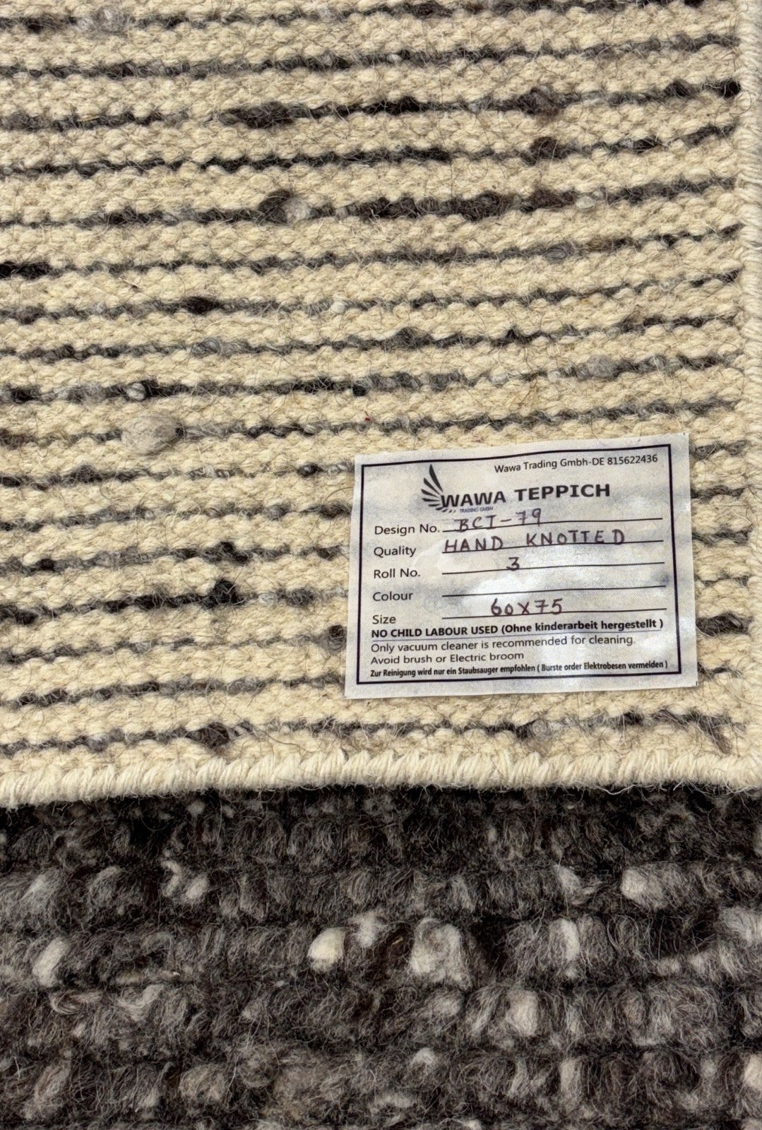 Handgeknüpfter 100 % Wollteppich 60x75 cm Modern Multigrau Designteppich BCI79