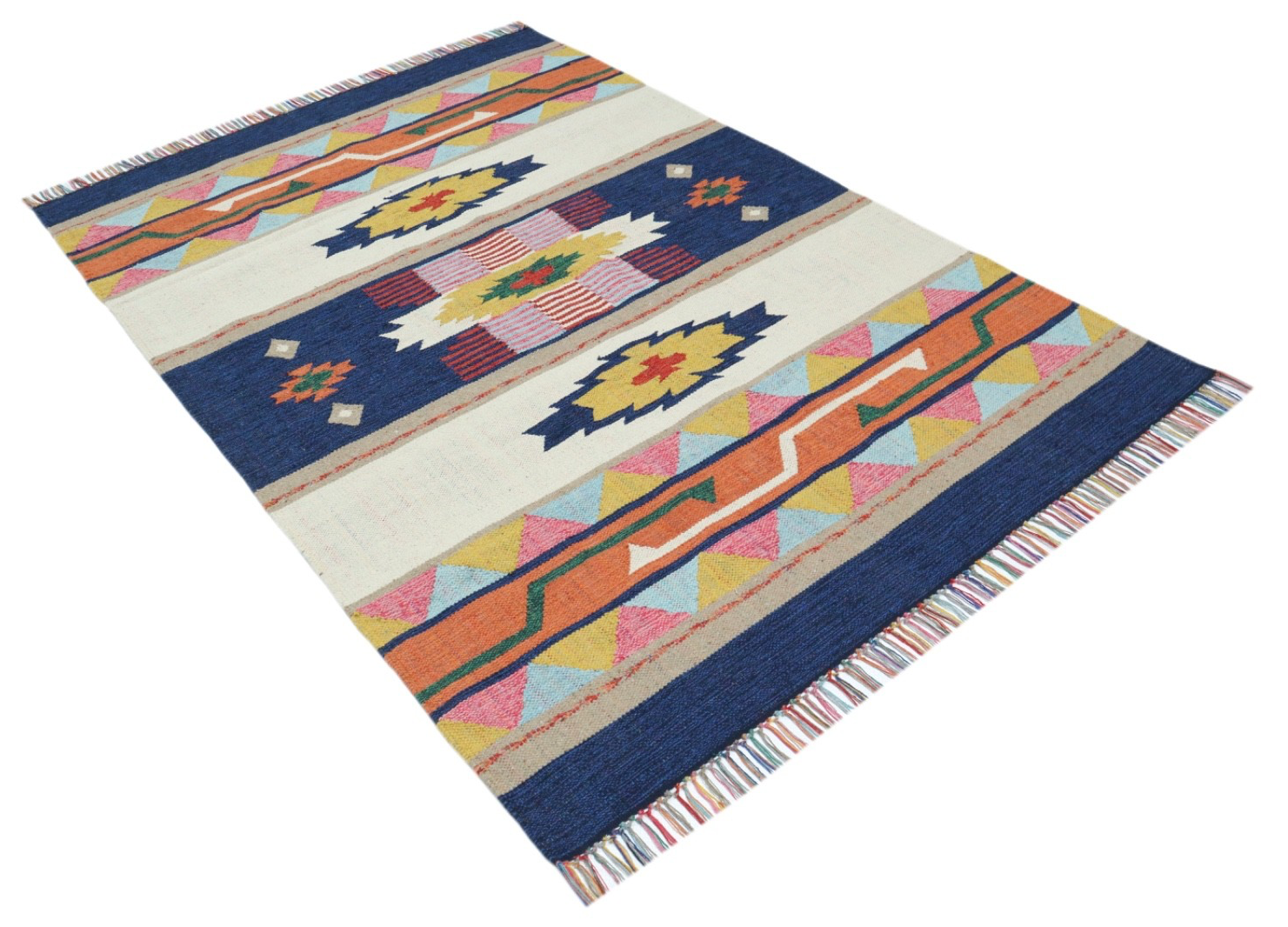 Kelim Teppich 100% Baumwolle flach gewebt mit Fransen Kilim Dhurrie 8 Designs CT